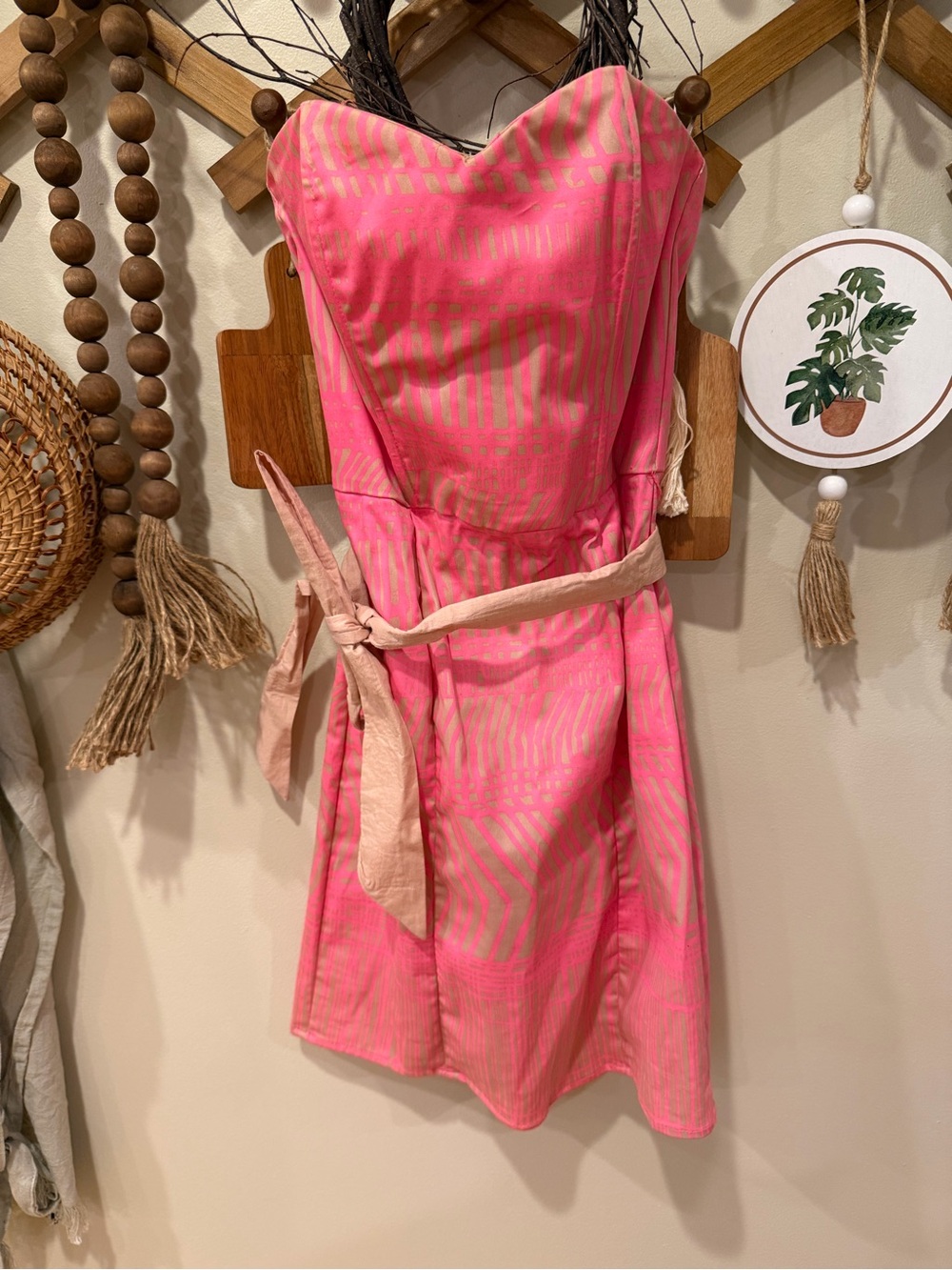 H&M Strapless Pink Patterned Dress with Tie Belt